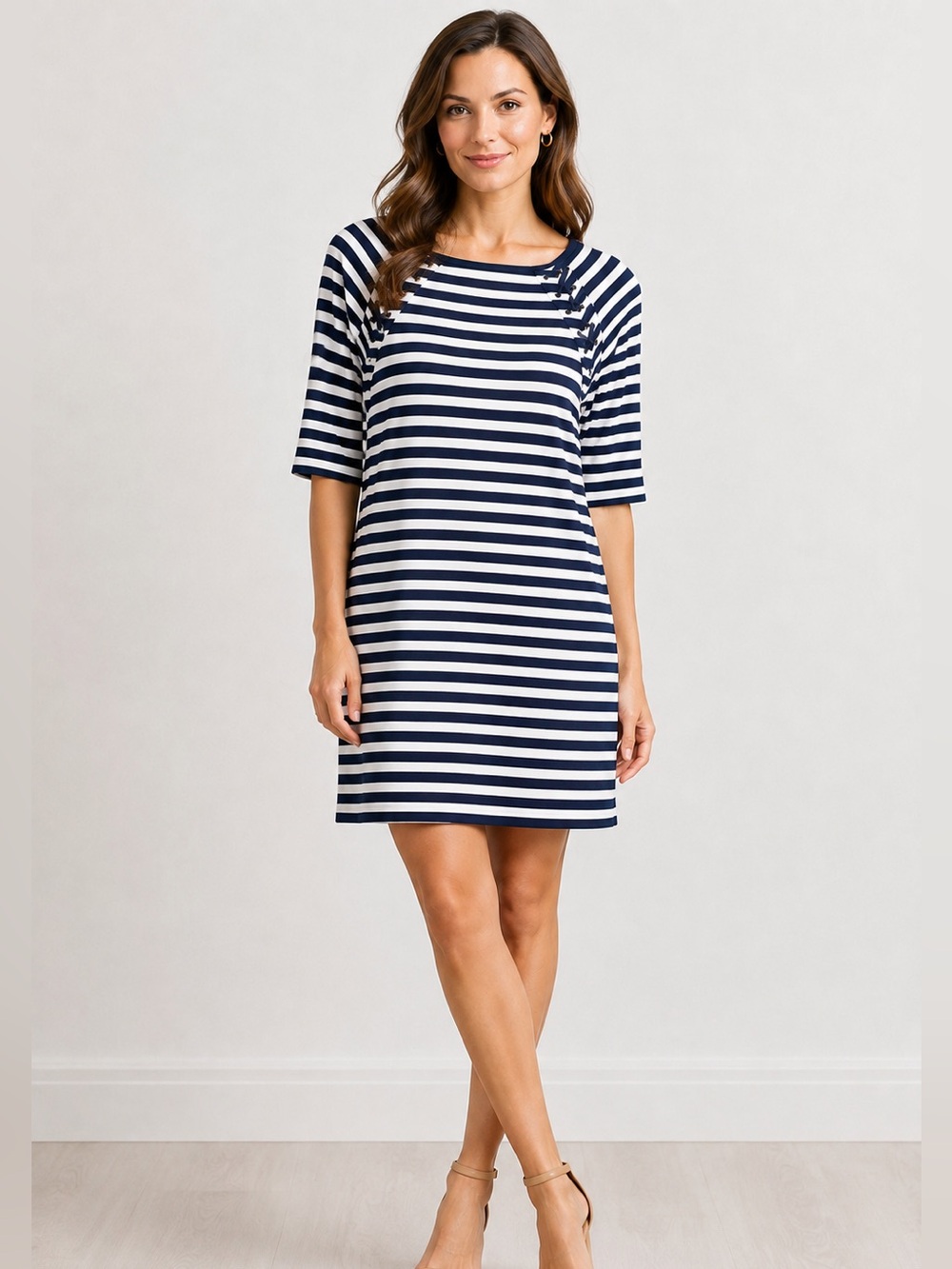 Talbots Nautical Navy/white Stripe Shift Dress Coastal Chic Size Large